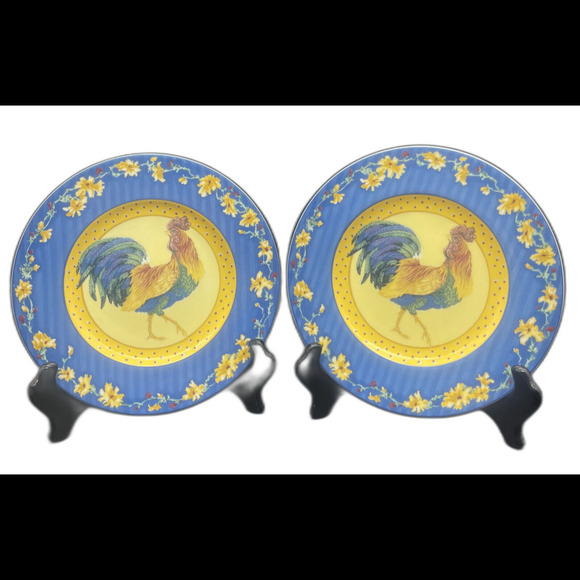 VTG Fitz & Floyd Rooster Coq du Village 9.25” Salad Dessert Plate Set Of 2 NWT - Picture 1 of 3